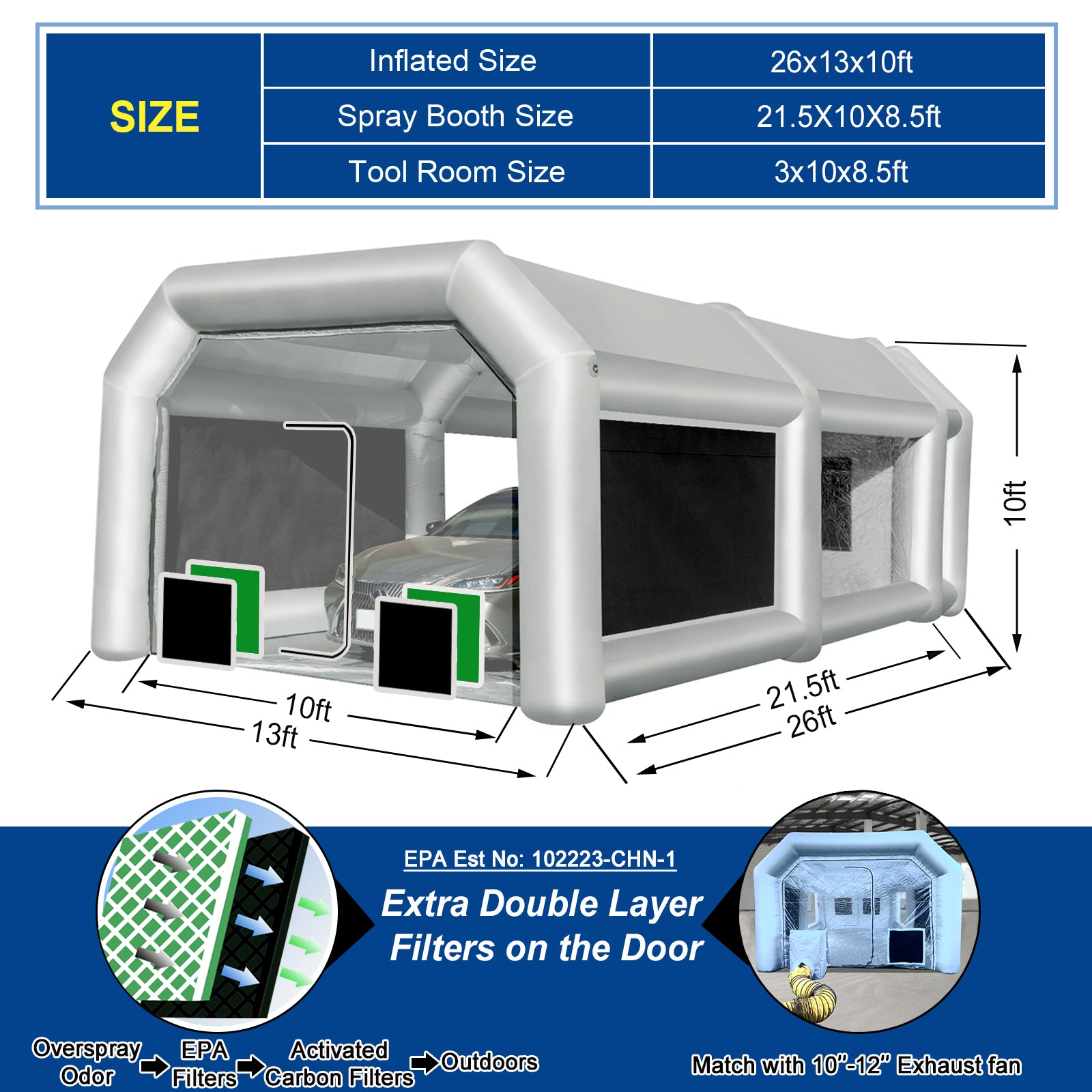 26*13*10FT Car Paint Spray Booth Inflatable Paint Spray Tent